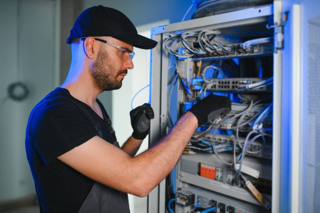 A technician works with server equipment in a data center. A man commutes wires in a server room